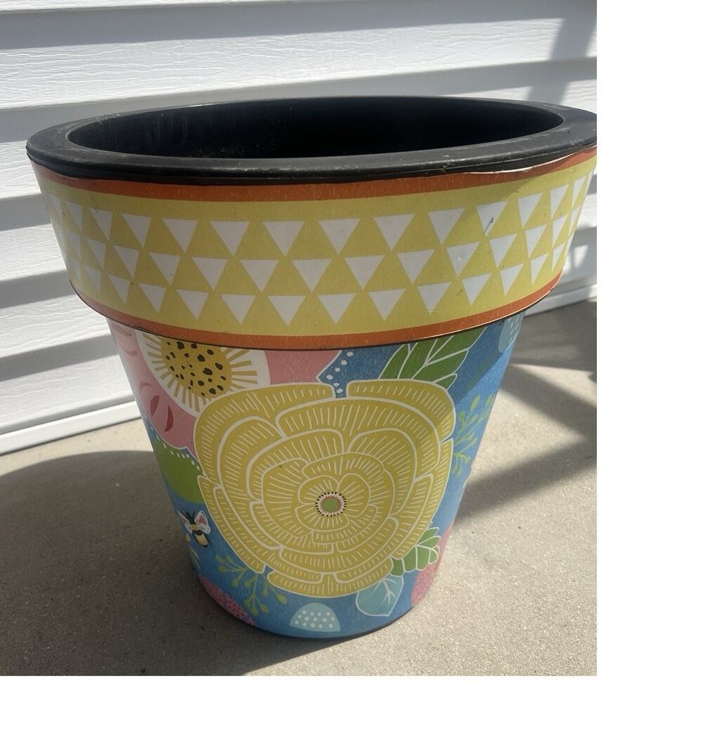 Studio M Art Planter 17” Yellow Blue Pink Floral Flowers Pot Artistic Colorful